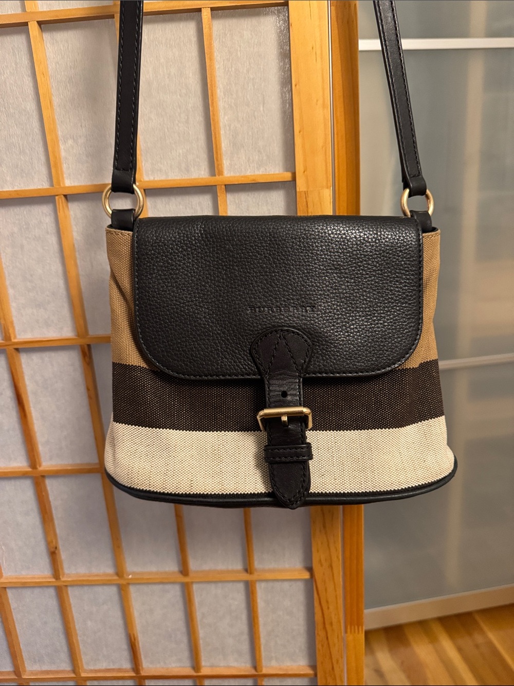 Burberry Black & Beige Striped Canvas Crossbody Bag